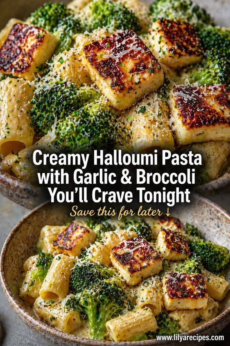 Creamy halloumi pasta with garlic and broccoli served in a bowl