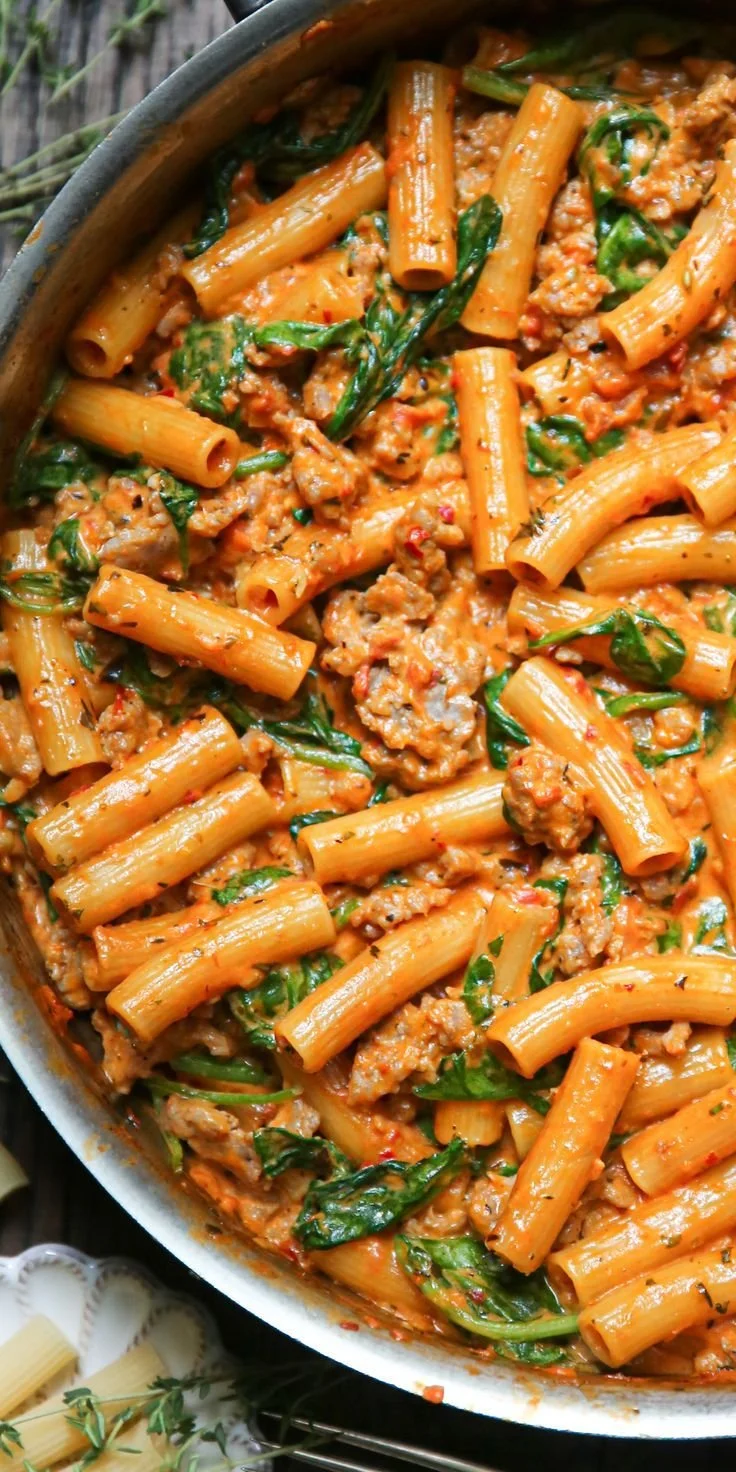 Creamy sausage rigatoni with spinach and tomato cream sauce in a one-pan dish