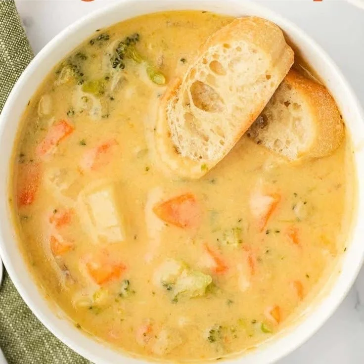 Bowl of creamy vegetable soup with fresh vegetables and herbs