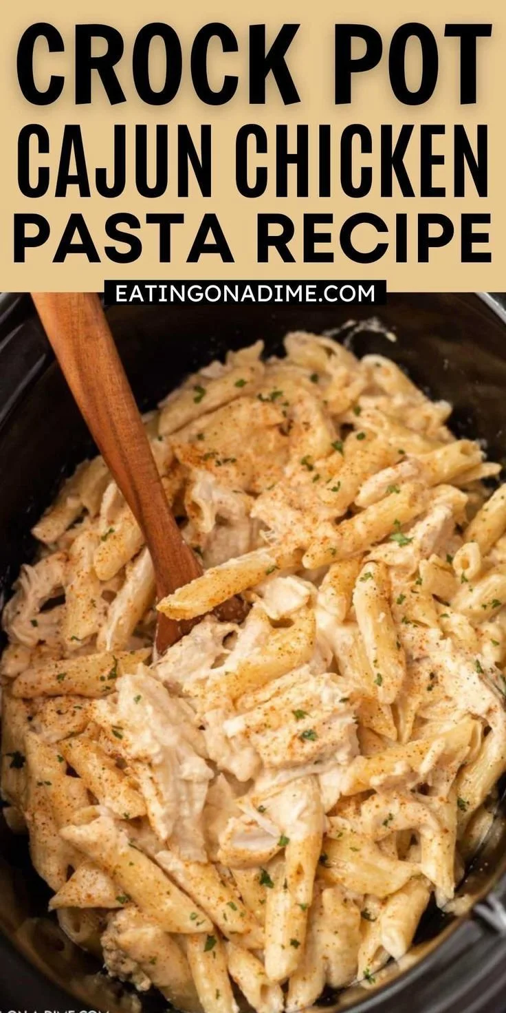 Delicious Crock Pot Cajun Chicken Pasta with vibrant spices and creamy sauce.
