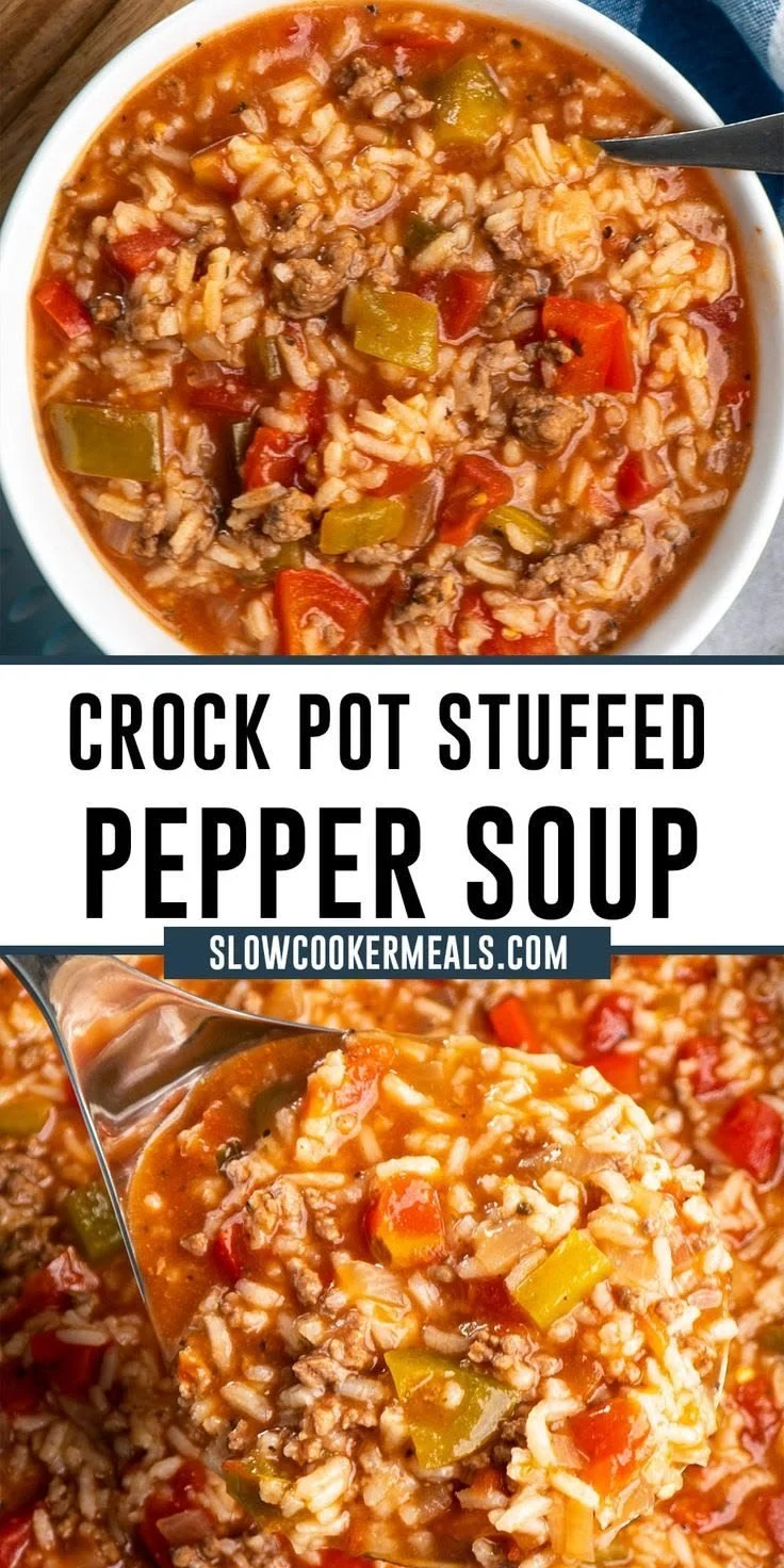 Delicious bowl of Crock Pot Stuffed Pepper Soup with colorful peppers and seasonings