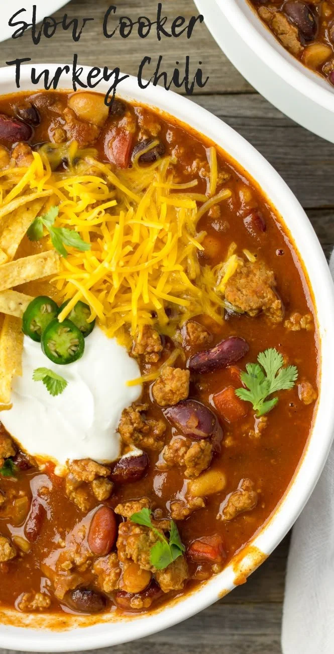 Delicious crock-pot turkey chili simmering in a slow cooker