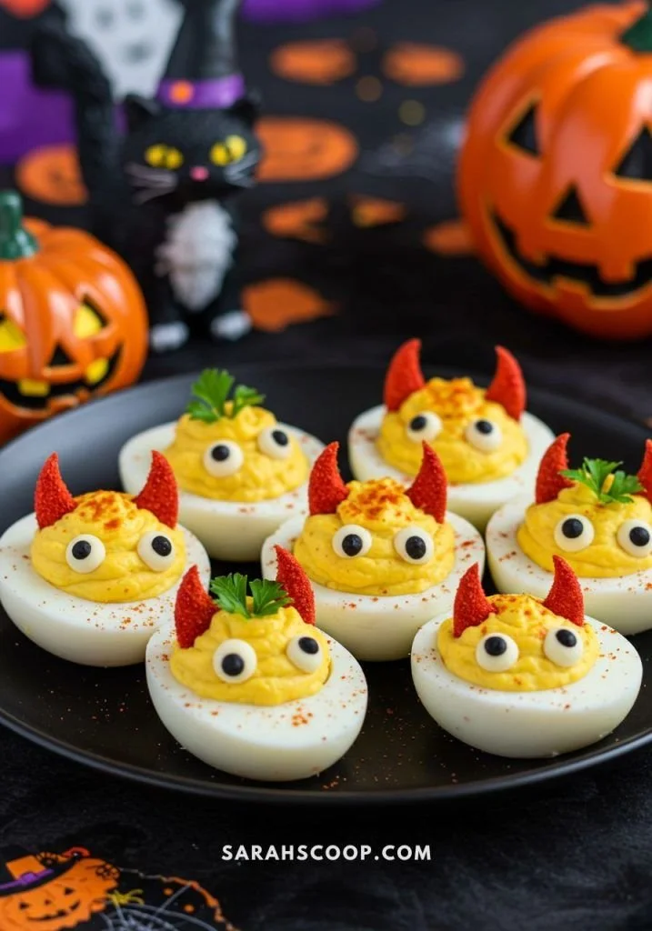 Plate of devilish deviled eggs garnished with paprika and herbs