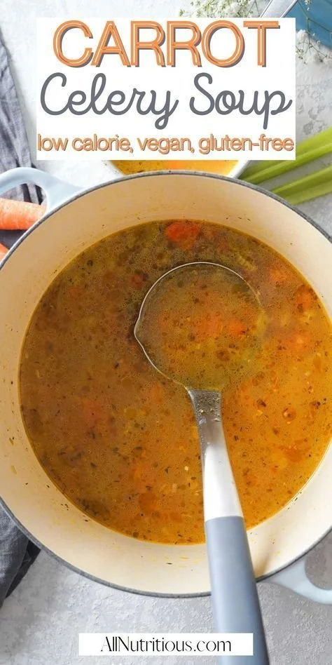 Bowl of easy celery and carrot soup garnished with herbs