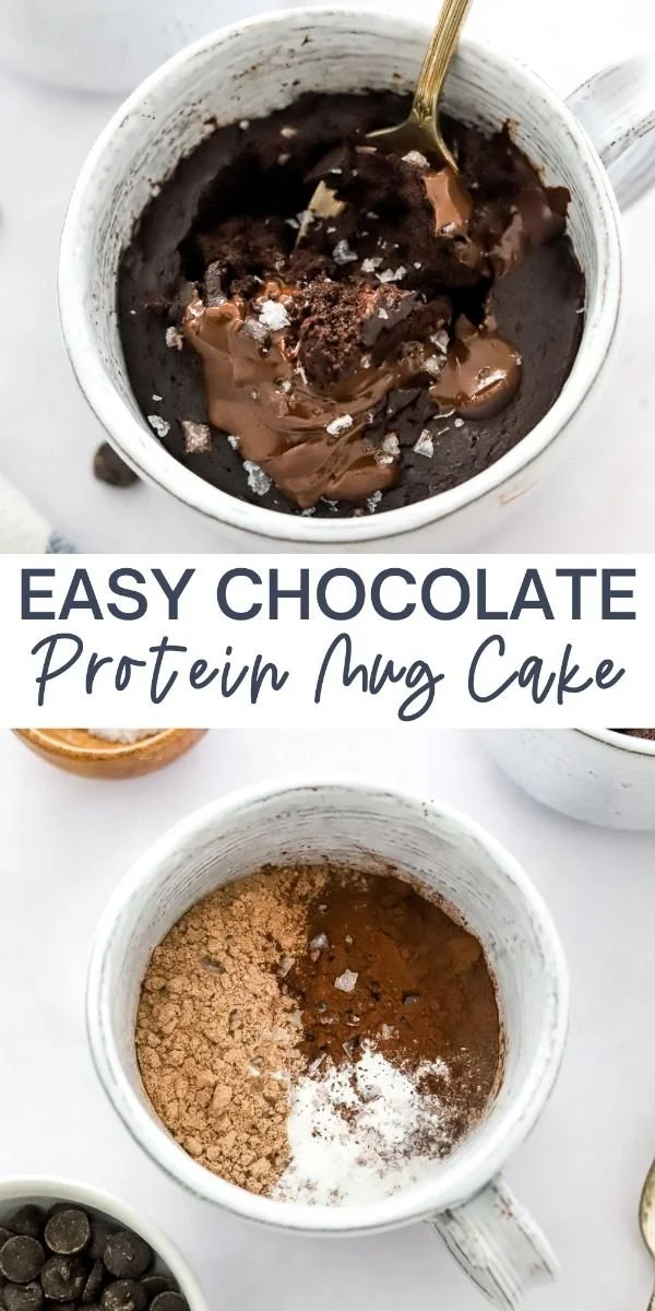 EASY CHOCOLATE Protein Mug Cake topped with chocolate chips in a mug.