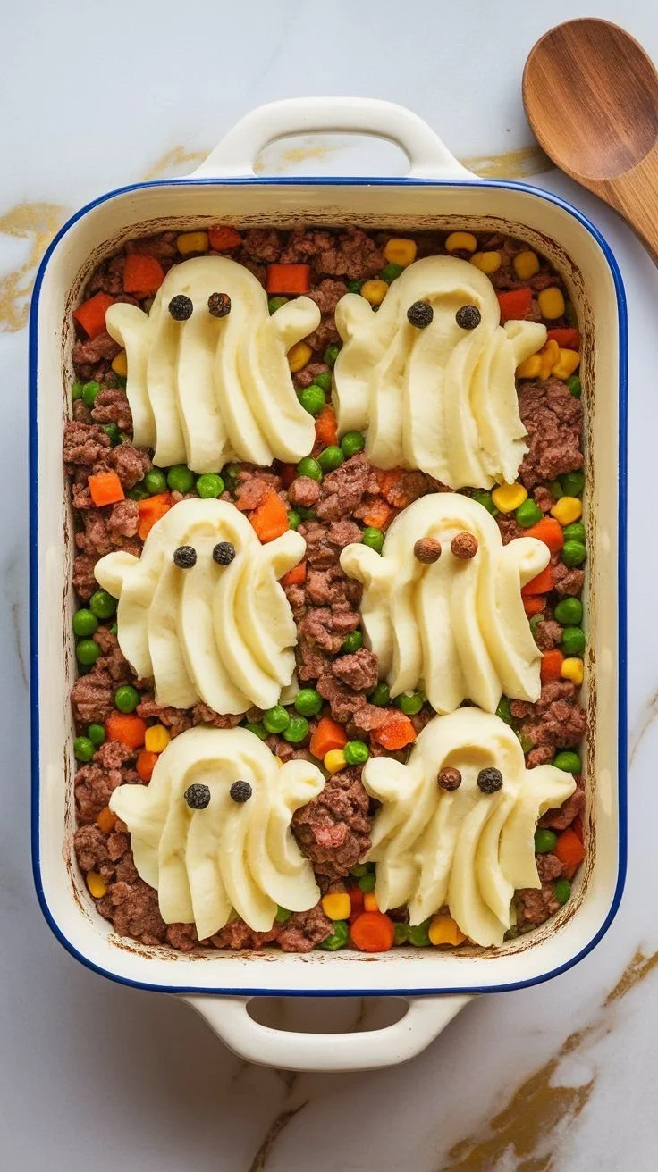 Easy creepy shepherd's pie with ghost potatoes and ground beef for Halloween