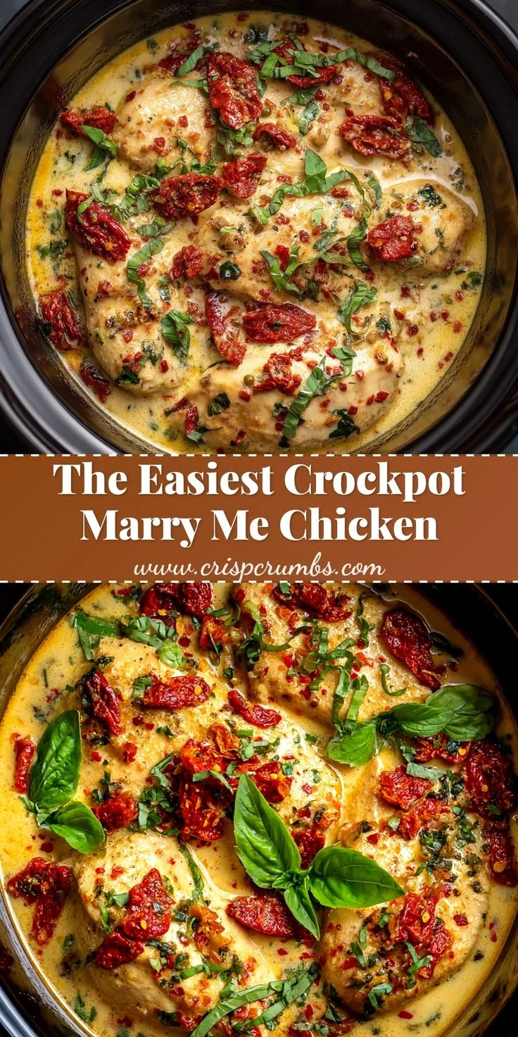Easy Crockpot Marry Me Chicken recipe with creamy sauce and herbs in a slow cooker.