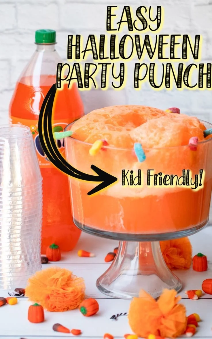 Kid-friendly Halloween party punch served in a spooky themed glass