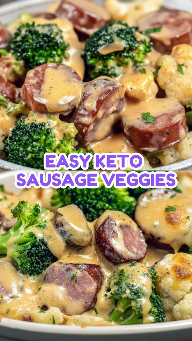 Keto broccoli and cauliflower au gratin with sausage, a low carb dish