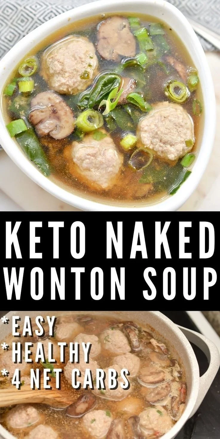 Bowl of keto wonton soup with fresh herbs and vegetables
