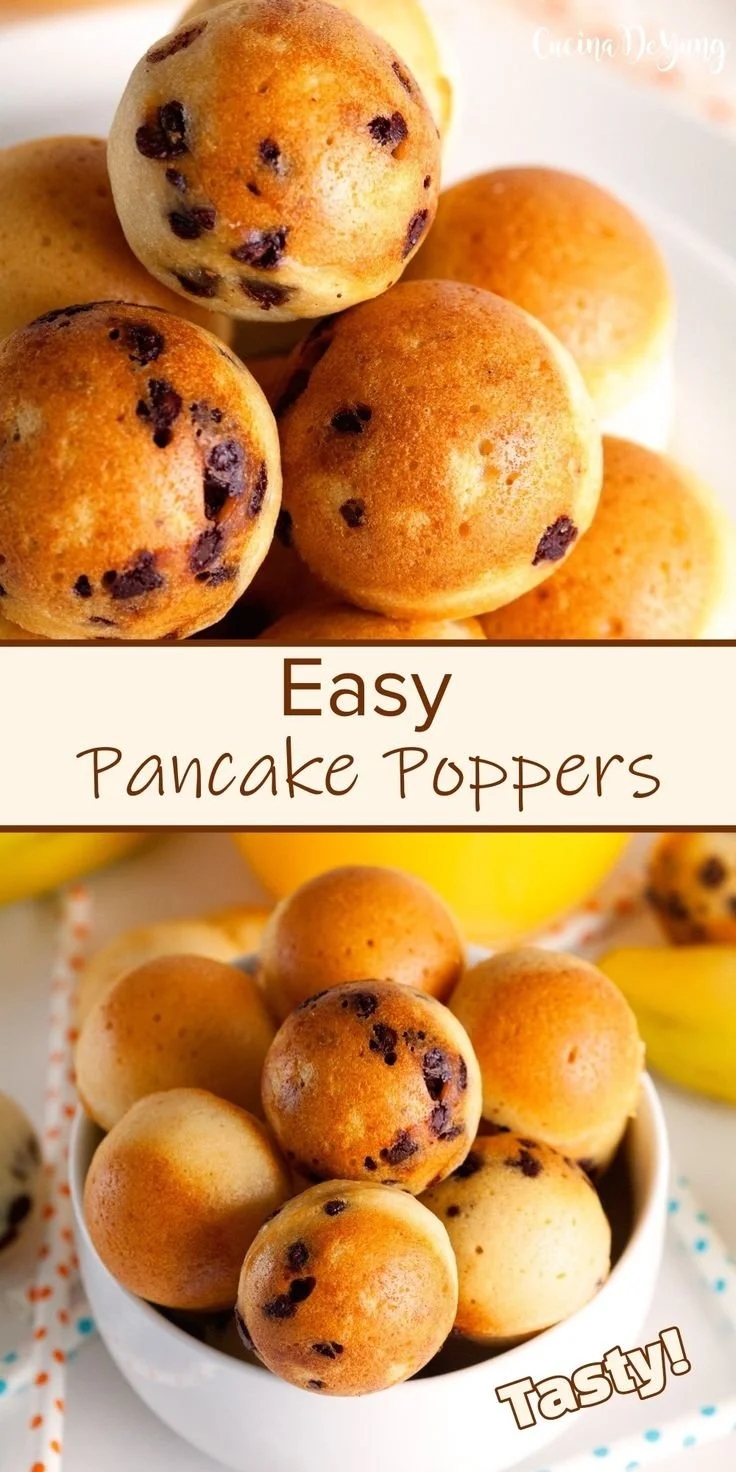 Delicious fluffy pancake poppers served with syrup and fruit.