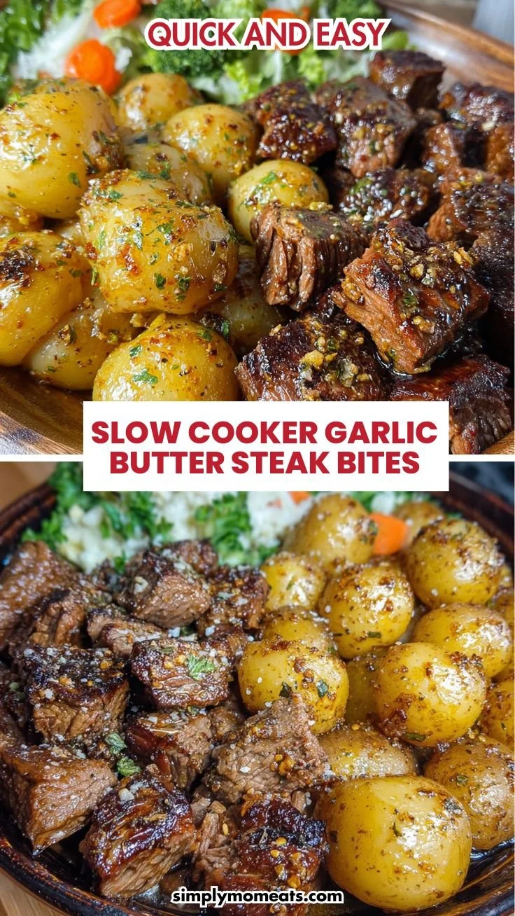 Slow cooker garlic butter steak bites with potatoes ready to serve