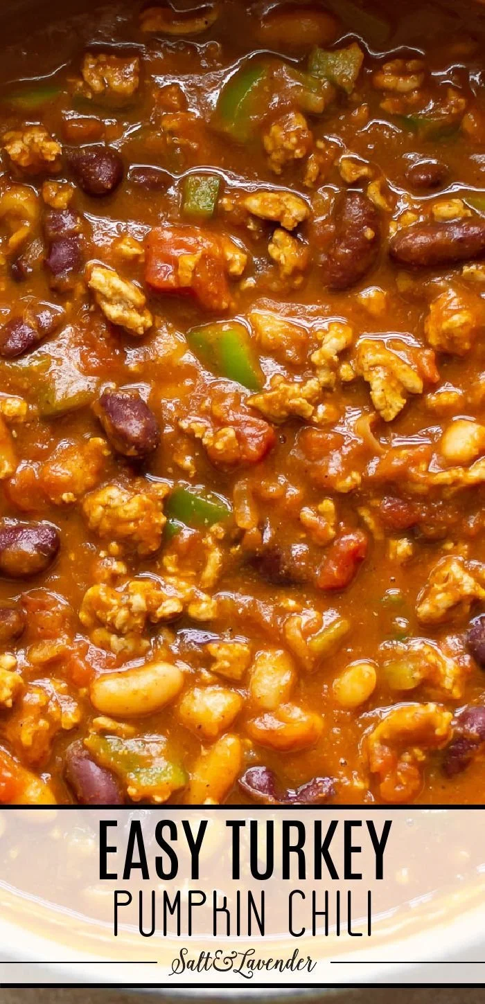 Bowl of Easy Turkey Pumpkin Chili with garnishes