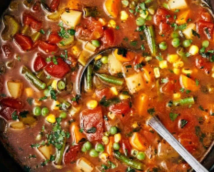 Bowl of easy vegetable soup filled with fresh vegetables and herbs