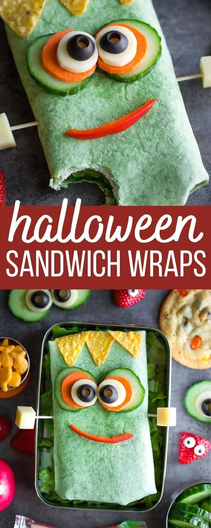 Halloween-themed Frankenstein sandwich wraps for festive gatherings