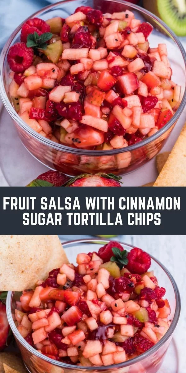 Fruit salsa served with cinnamon sugar tortilla chips on a plate.