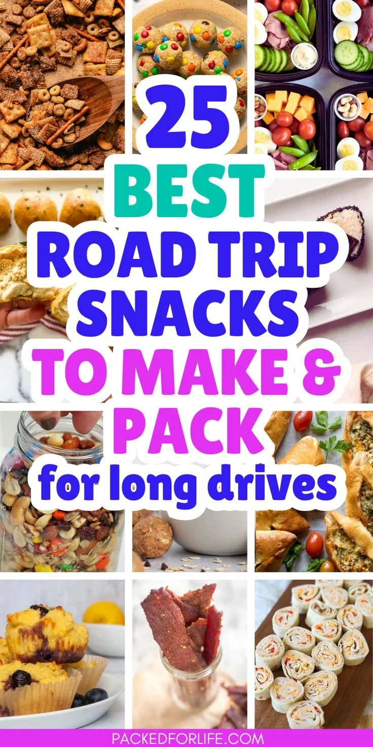 Variety of travel snacks for a car trip including fruits, nuts, and granola bars.