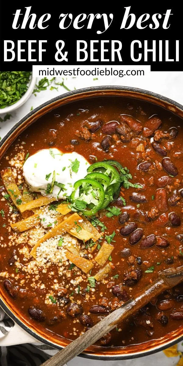 Delicious game day beef chili simmering with beer and spices.