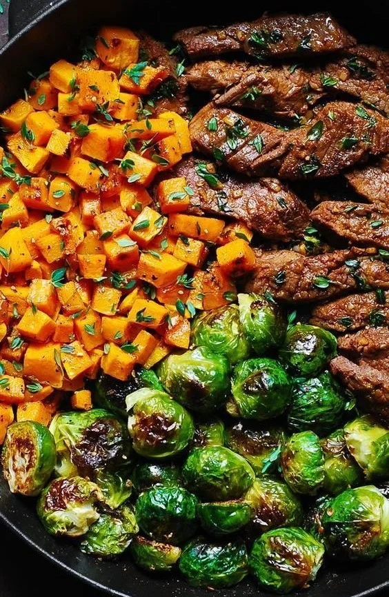 Garlic Butter Steak with Brussels Sprouts and Sweet Potatoes