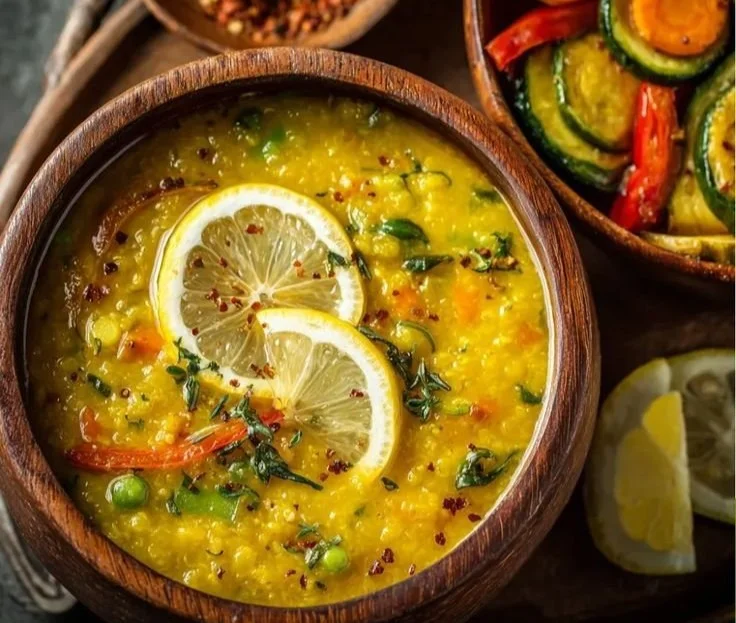 Bowl of Golden Lemon Lentil Soup garnished with fresh herbs and lemon slices.