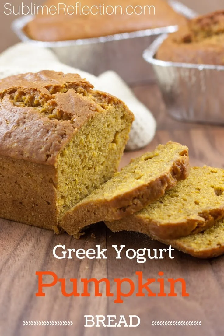 Delicious Greek Yogurt Pumpkin Bread served on a plate with autumn decorations.