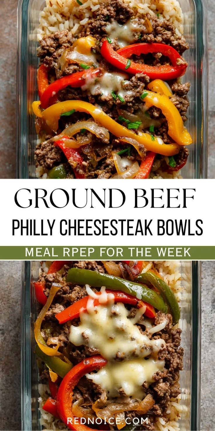 Delicious ground beef Philly cheesesteak bowls prepared for meal prep