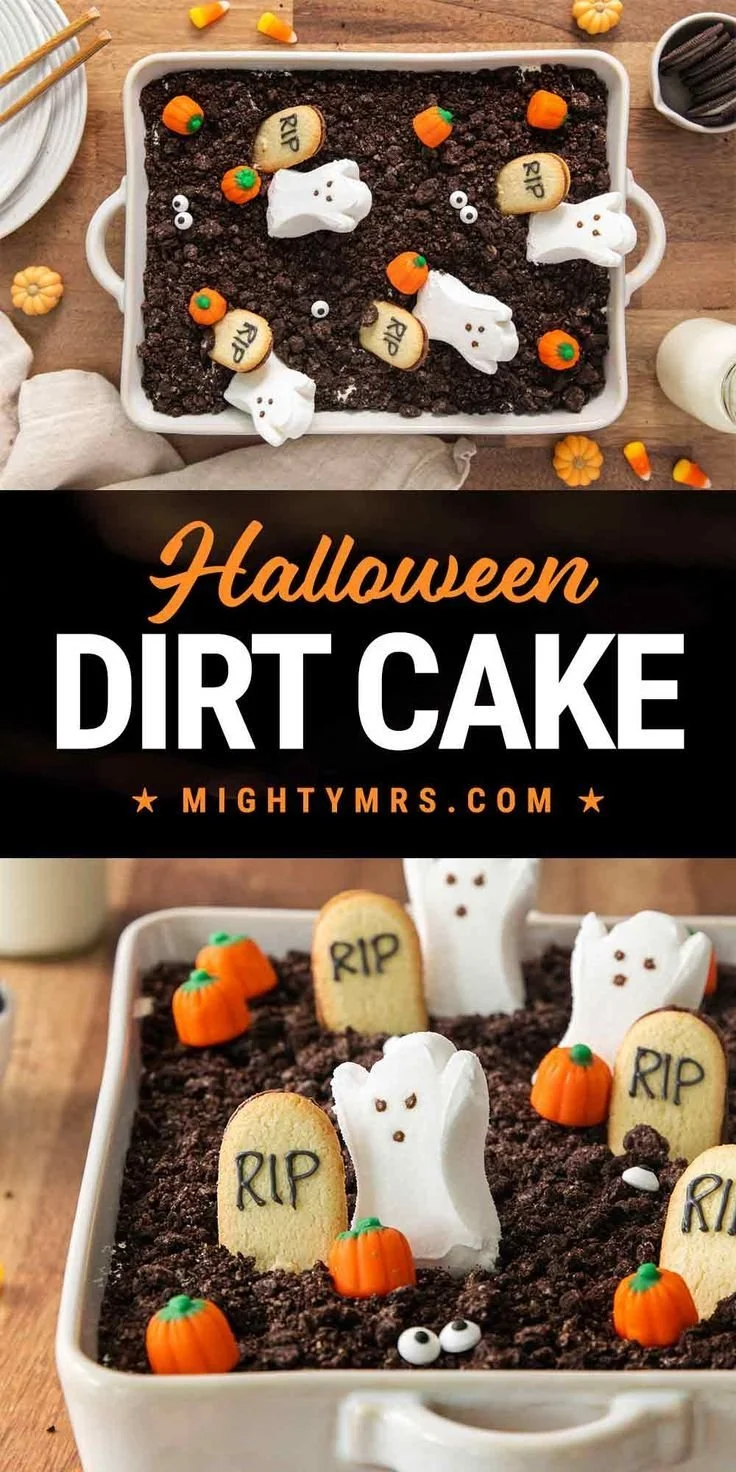 Delicious Halloween Dirt Dessert featuring layers of chocolate, gummy worms, and spooky decorations.