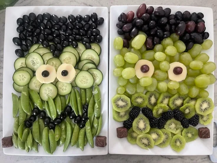 Halloween-themed Frankenstein's Monster fruit and veggie trays for festive occasions