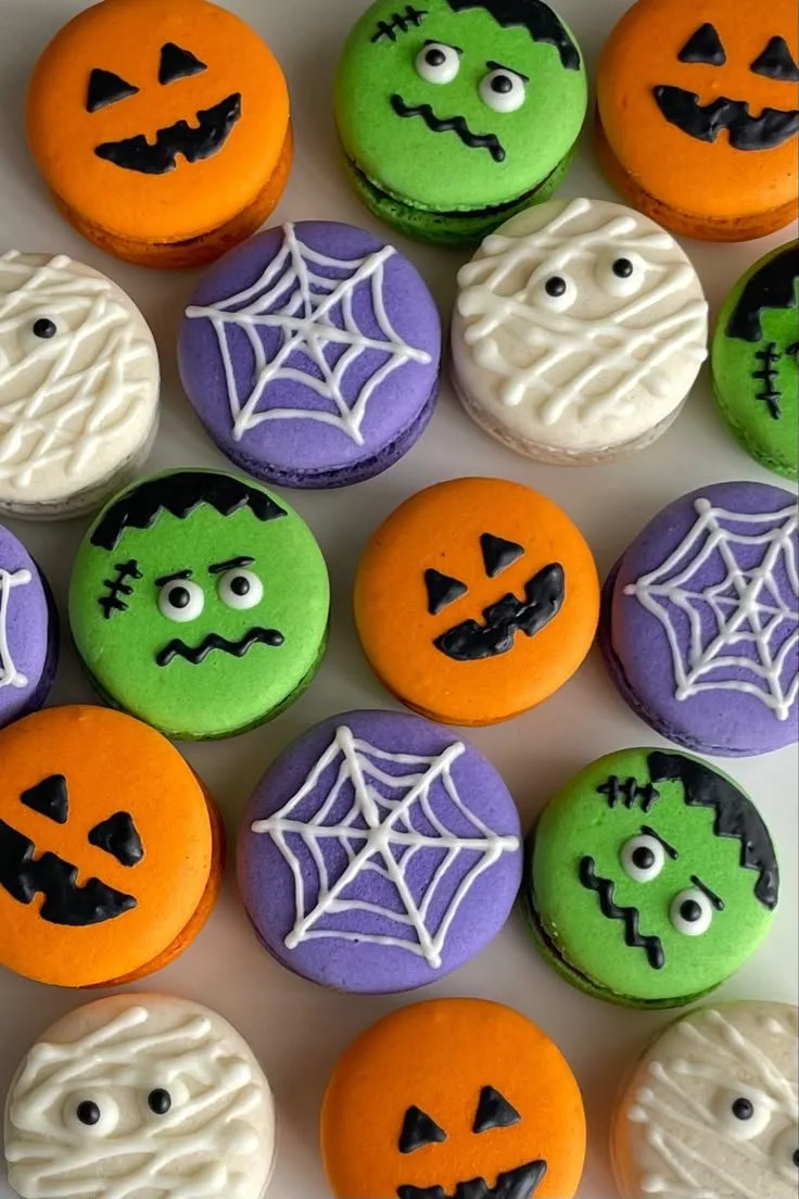 Colorful Halloween Macarons in festive shapes like pumpkins and ghosts