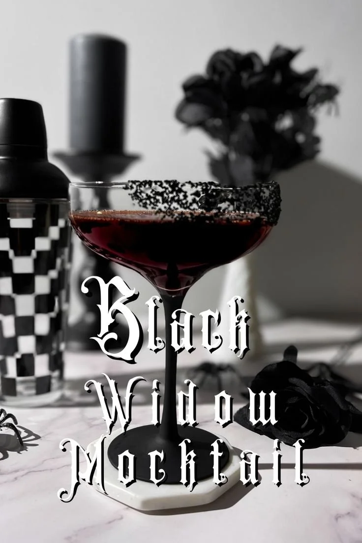 Halloween Mocktail Black Widow recipe with spooky ingredients