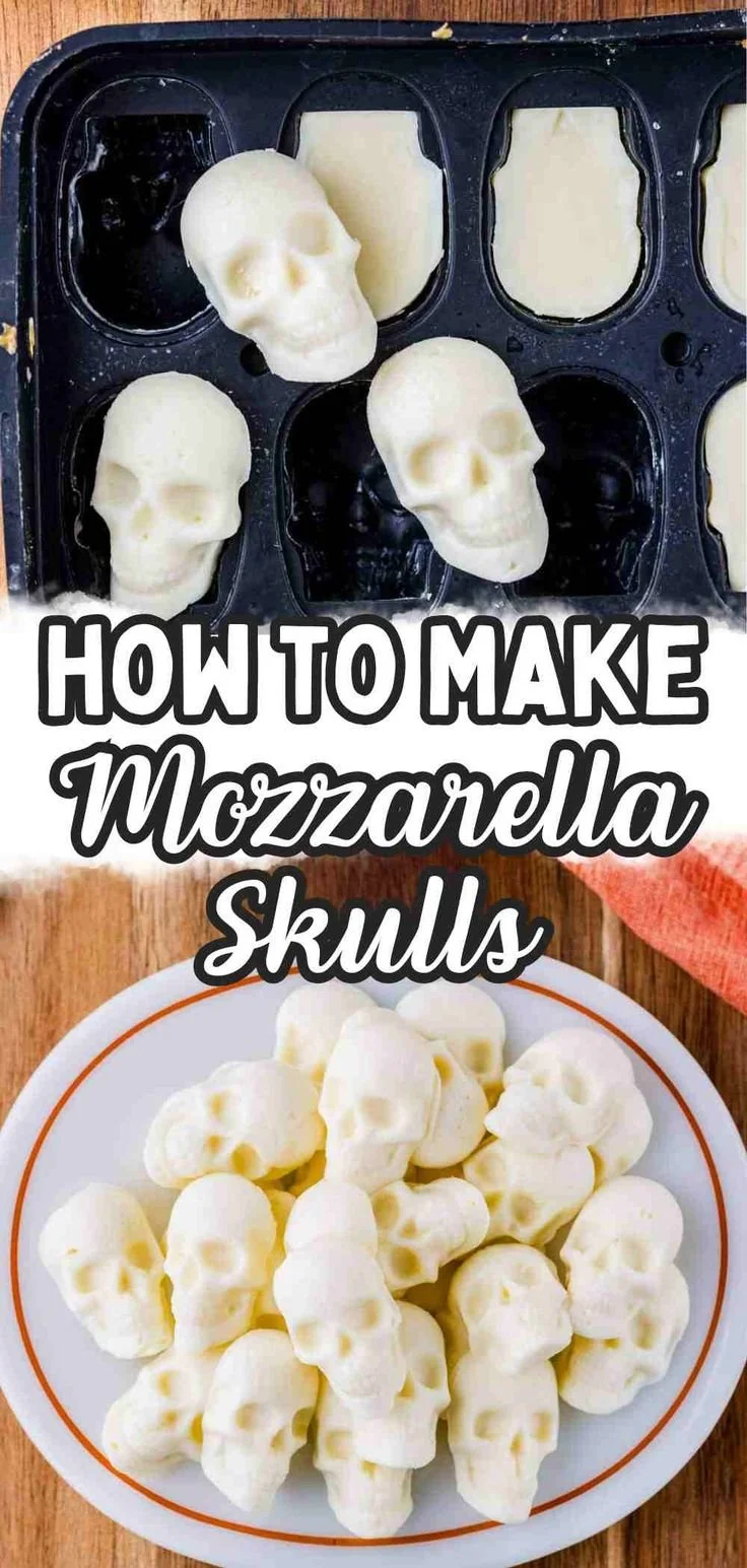 Halloween mozzarella skulls on a spooky charcuterie board