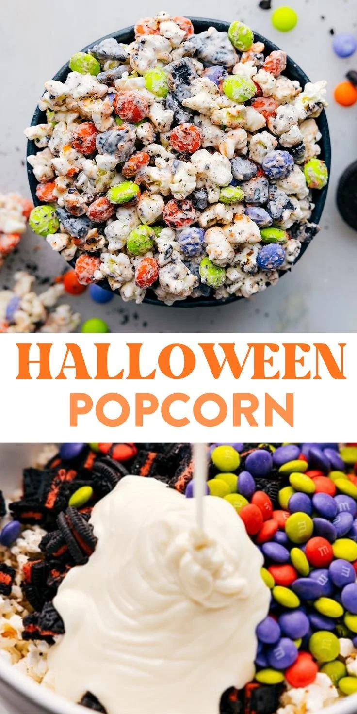 Colorful Halloween popcorn mix with candies and spooky decorations.