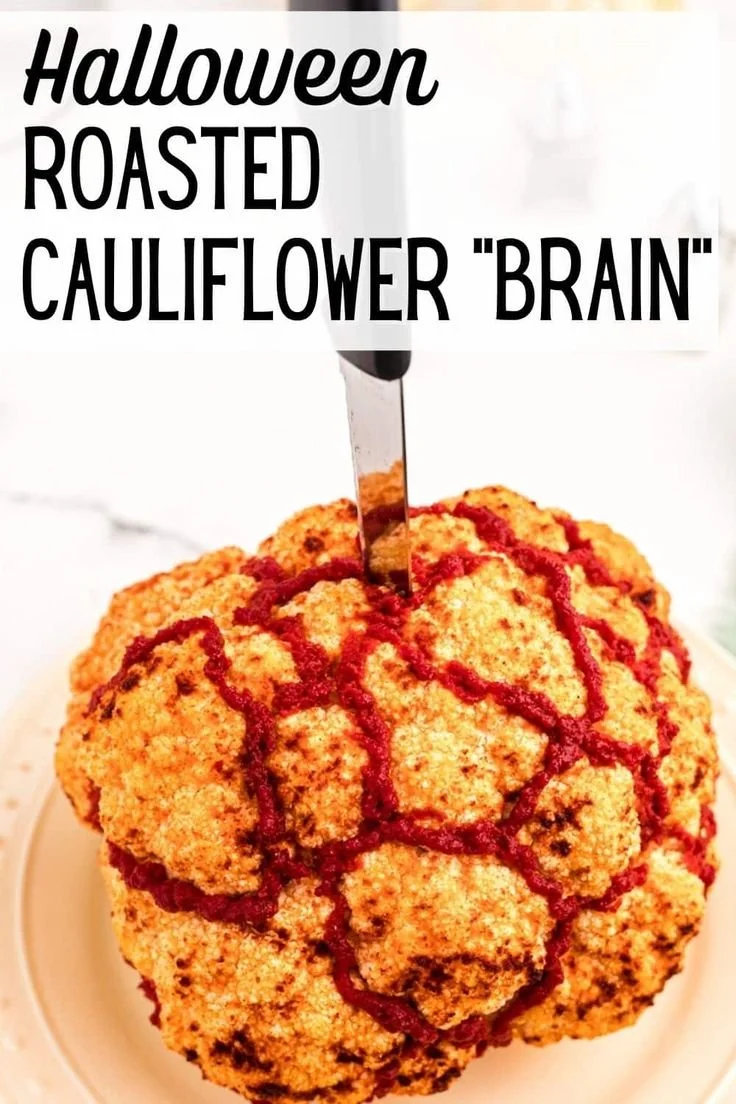 Halloween roasted cauliflower shaped like a brain for a spooky dish