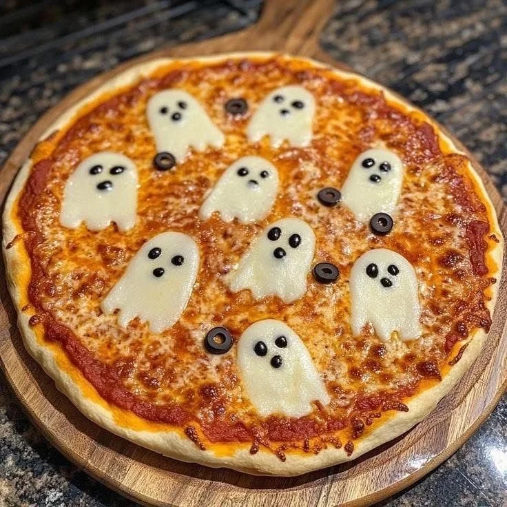 Halloween themed foods including ghost pizza and festive snacks for kids