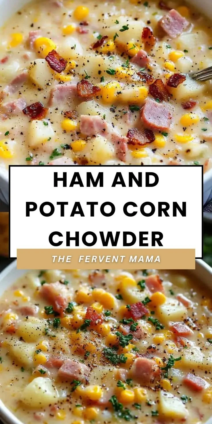 Bowl of ham and potato corn chowder with fresh herbs and spices