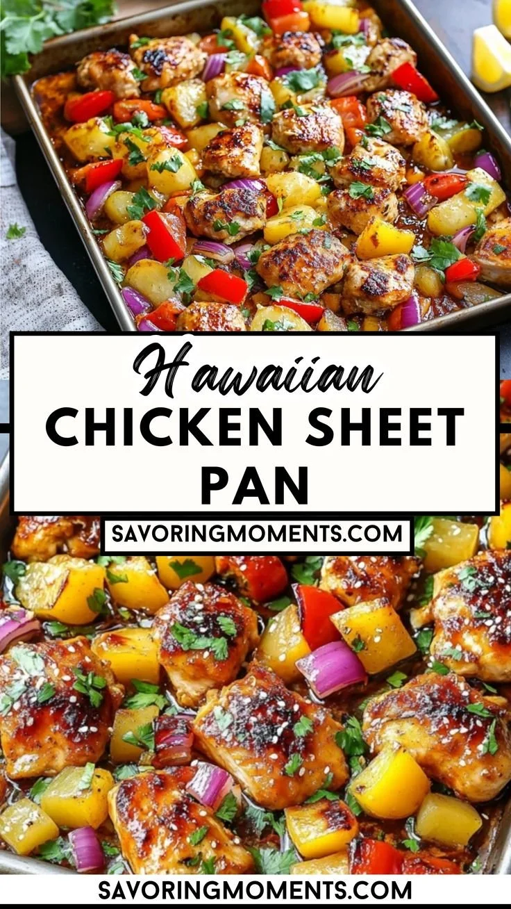 Hawaiian Chicken Sheet Pan with colorful vegetables and pineapple, ready to serve.