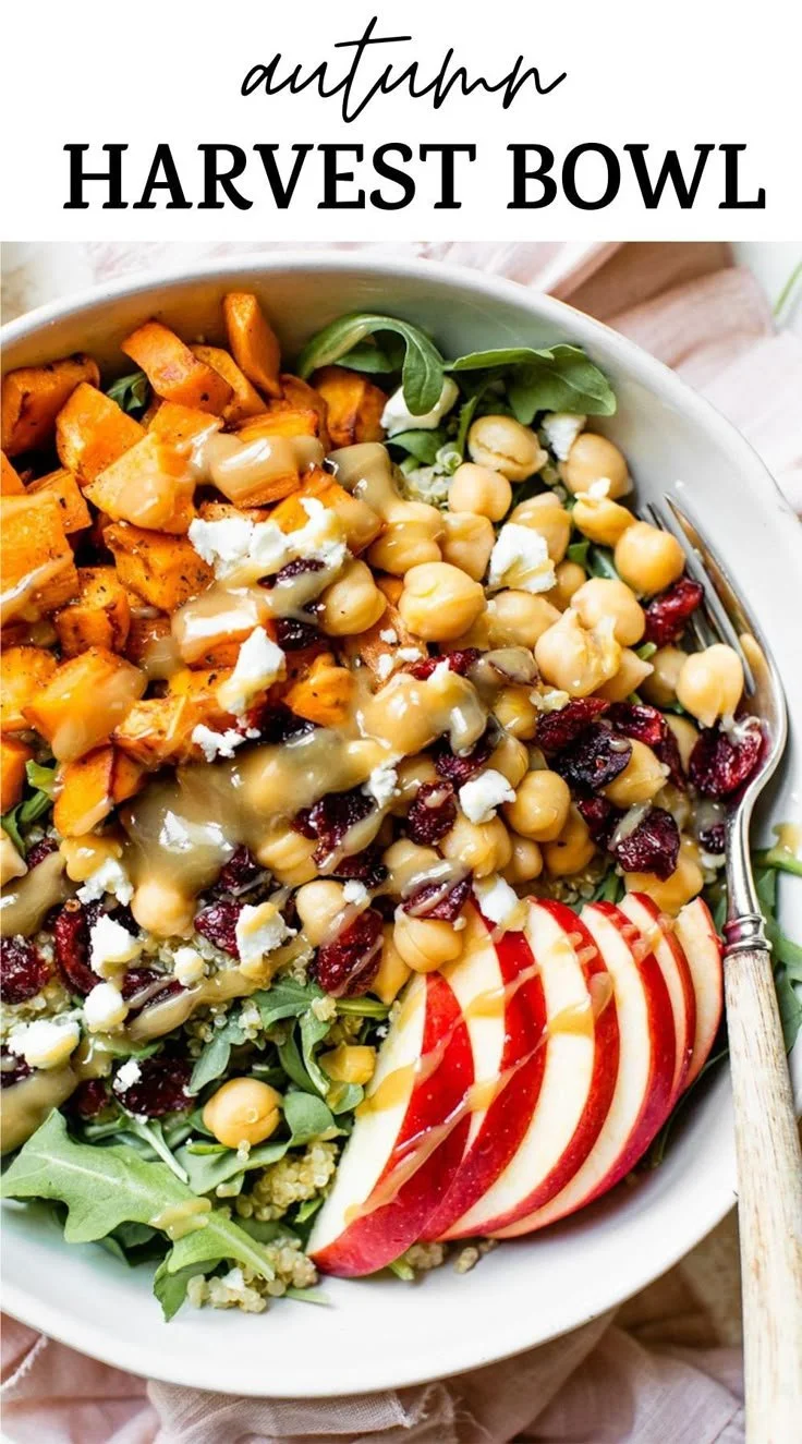 Healthy autumn harvest bowl filled with seasonal veggies and grains