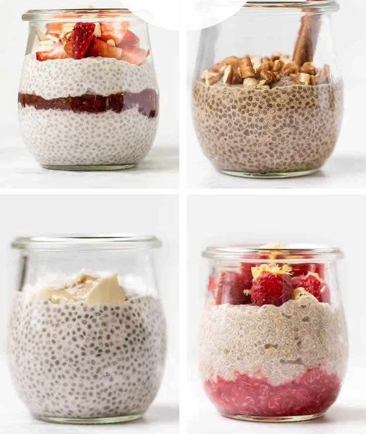 Healthy chia pudding topped with fruits and nuts in a glass bowl