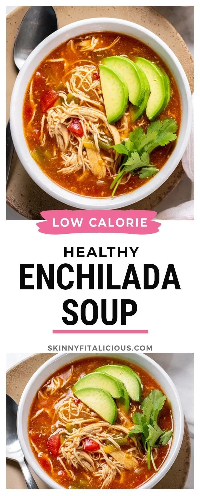 Bowl of healthy enchilada soup garnished with cilantro and lime