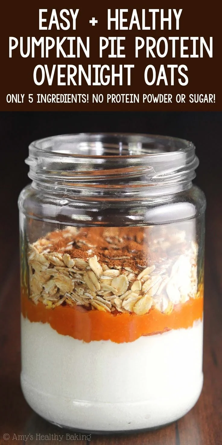 Healthy Pumpkin Pie Protein Overnight Oats in a glass jar topped with spices
