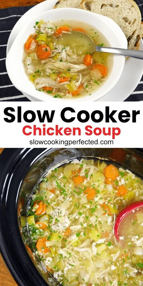 Bowl of healthy slow cooker chicken soup with vegetables and herbs