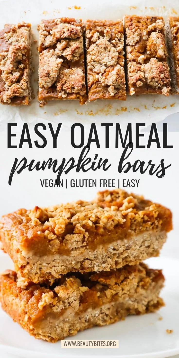 Healthy vegan pumpkin pie bars topped with pumpkin seeds and spices
