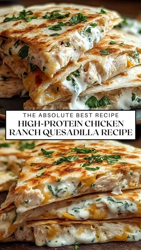 Delicious high-protein Chicken Ranch Quesadilla on a plate with toppings.