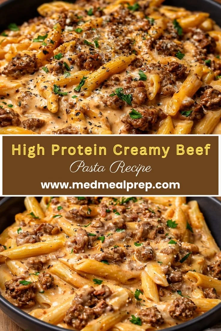 Creamy beef pasta in a one-pan recipe, easy high-protein dinner meal.