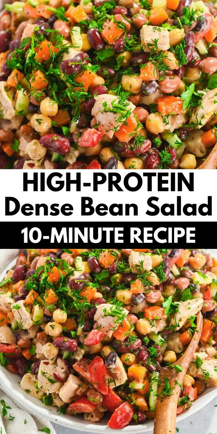 High-protein dense bean salad with chicken and fresh vegetables