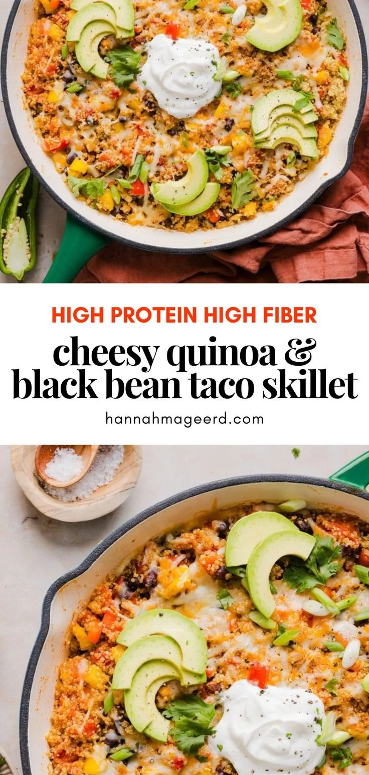 High protein quinoa taco skillet with black beans and cheese in a skillet