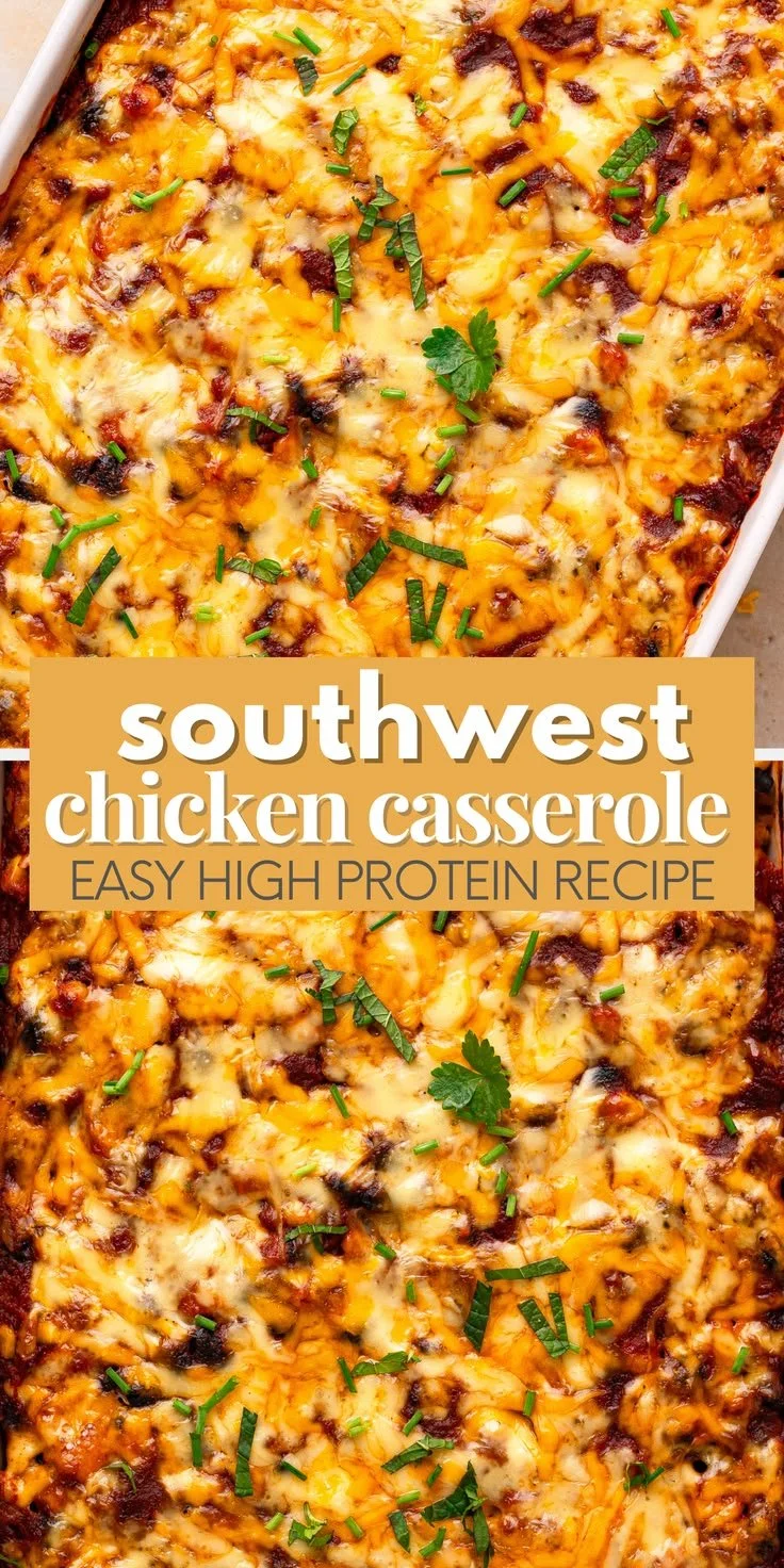 High Protein Southwest Chicken Casserole topped with cheese and veggies