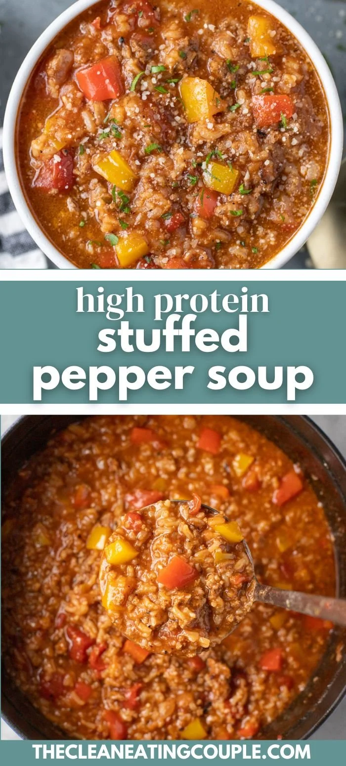 High protein stuffed pepper soup in a bowl with colorful peppers and herbs