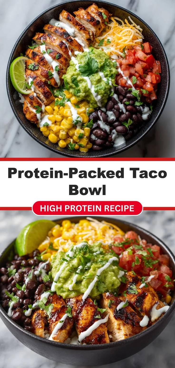 High protein taco bowl with fresh ingredients and vibrant toppings