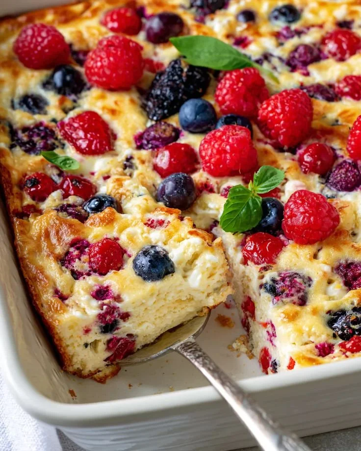 High protein triple berry bake topped with fresh berries and nuts